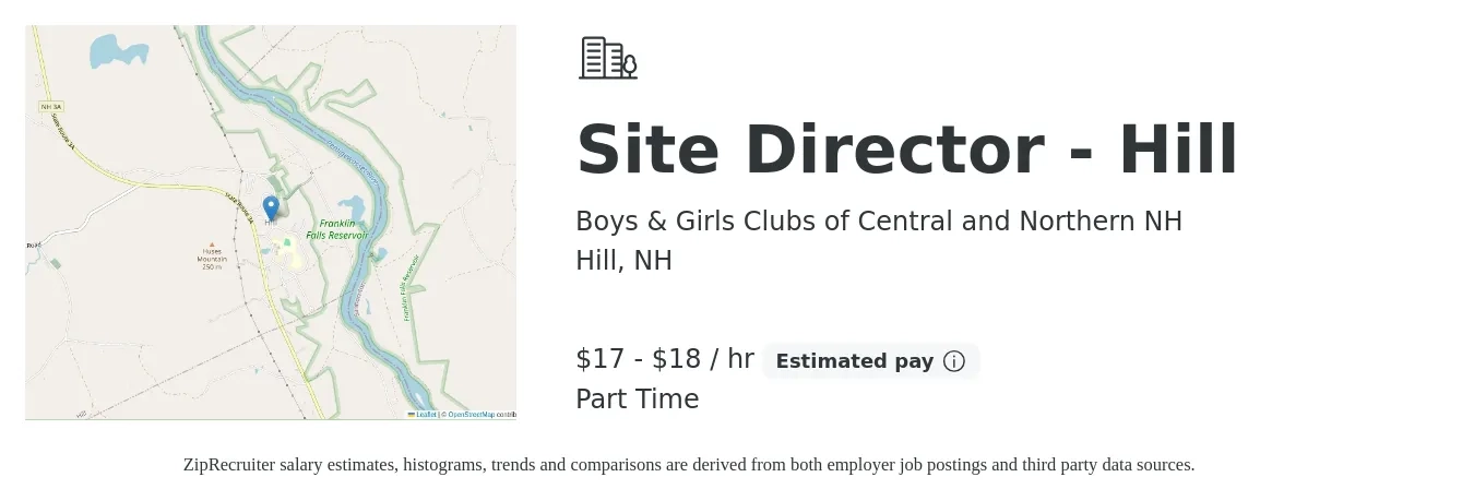 Boys & Girls Clubs of Central and Northern NH job posting for a Site Director - Hill in Hill, NH with a salary of $18 to $20 Hourly with a map of Hill location.
