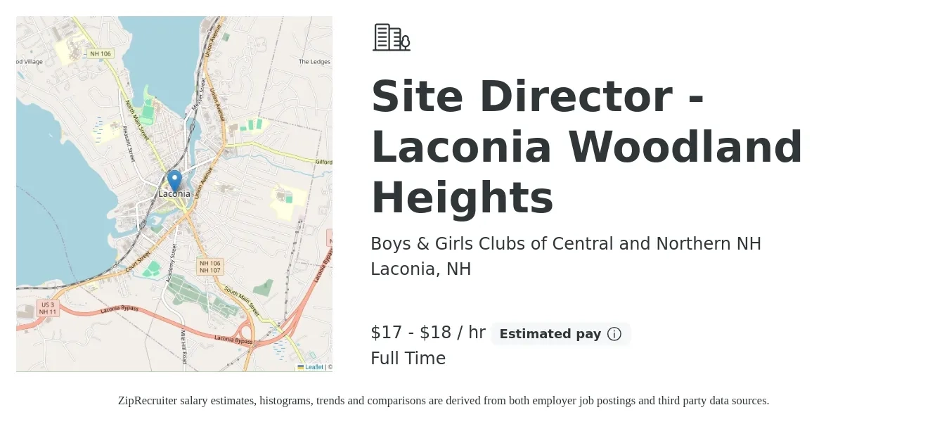 Boys & Girls Clubs of Central and Northern NH job posting for a Site Director - Laconia Woodland Heights in Laconia, NH with a salary of $18 to $20 Hourly with a map of Laconia location.