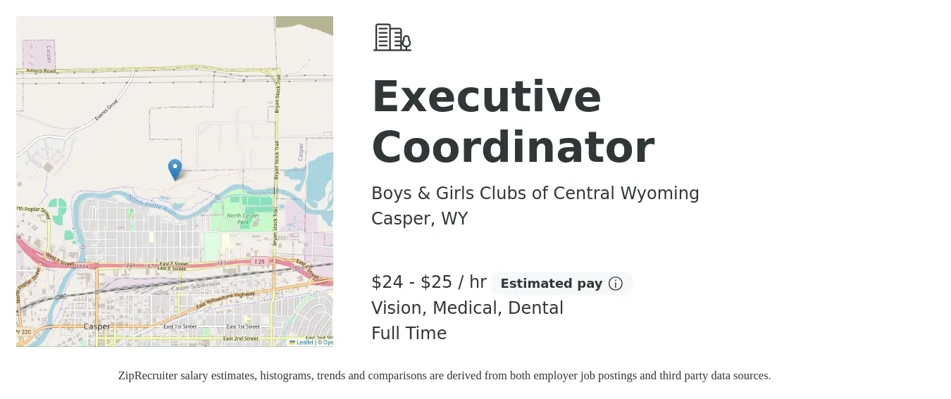 Boys & Girls Clubs of Central Wyoming job posting for a Executive Coordinator in Casper, WY with a salary of $25 to $27 Hourly and benefits including dental, life_insurance, medical, and vision with a map of Casper location.