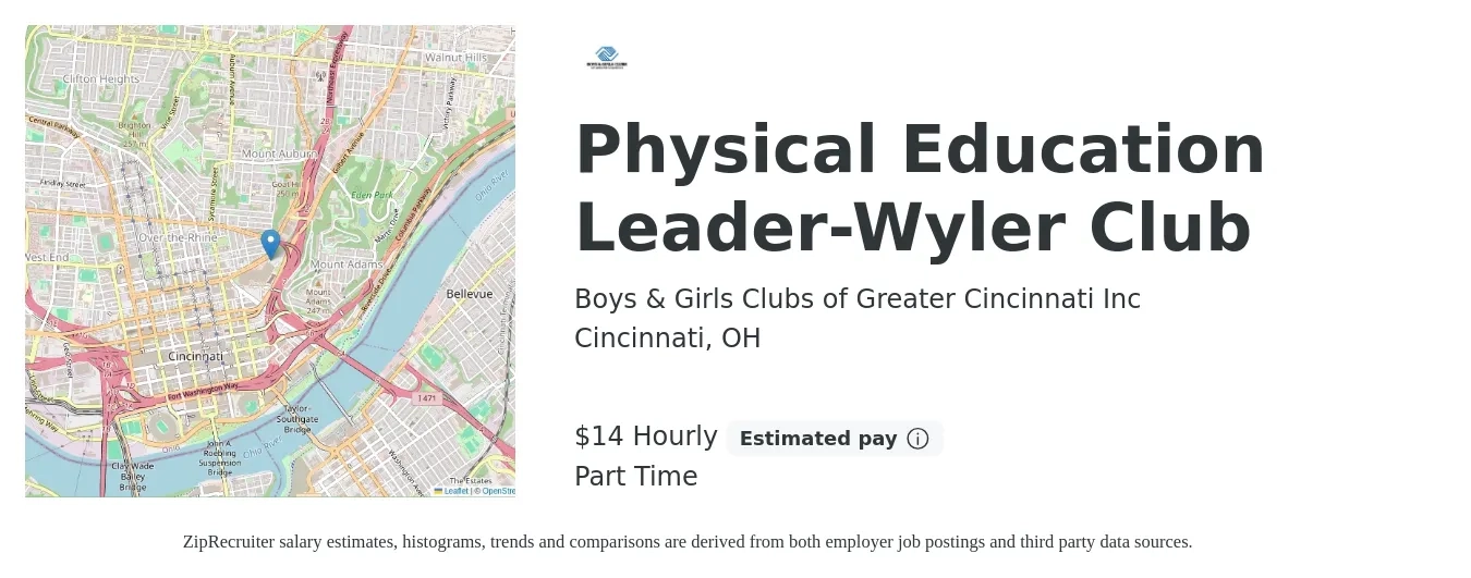 Boys & Girls Clubs of Greater Cincinnati Inc job posting for a Physical Education Leader-Wyler Club in Cincinnati, OH with a salary of $15 Hourly with a map of Cincinnati location.