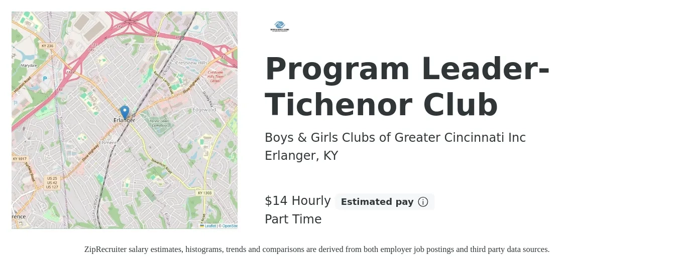 Boys & Girls Clubs of Greater Cincinnati Inc job posting for a Program Leader-Tichenor Club in Erlanger, KY with a salary of $15 Hourly with a map of Erlanger location.