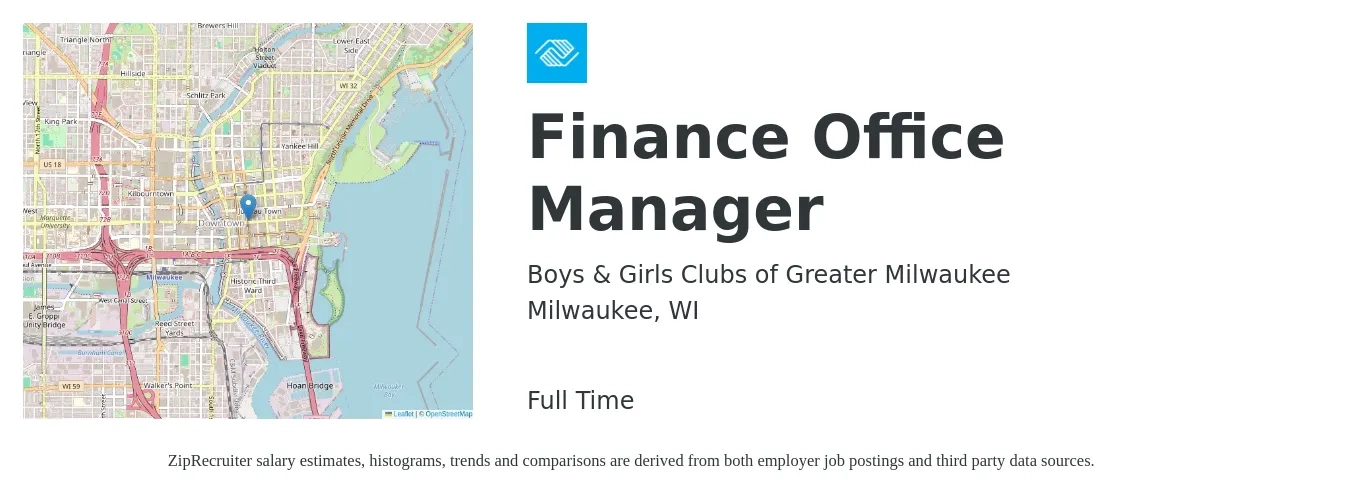 Boys & Girls Clubs of Greater Milwaukee job posting for a Finance Office Manager in Milwaukee, WI with a salary of $49,700 to $98,900 Yearly with a map of Milwaukee location.