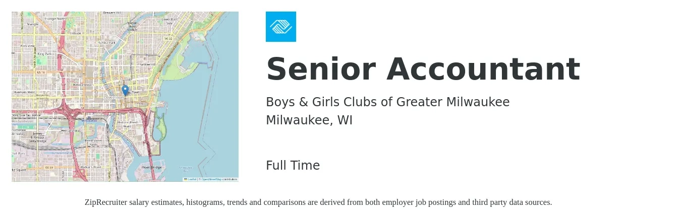 Boys & Girls Clubs of Greater Milwaukee job posting for a Senior Accountant in Milwaukee, WI with a salary of $72,800 to $91,500 Yearly with a map of Milwaukee location.