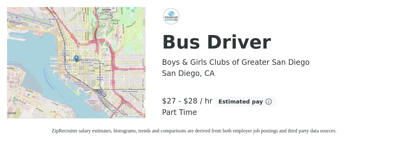 Boys & Girls Clubs of Greater San Diego job posting for a Bus Driver in San Diego, CA with a salary of $29 to $30 Hourly with a map of San Diego location.