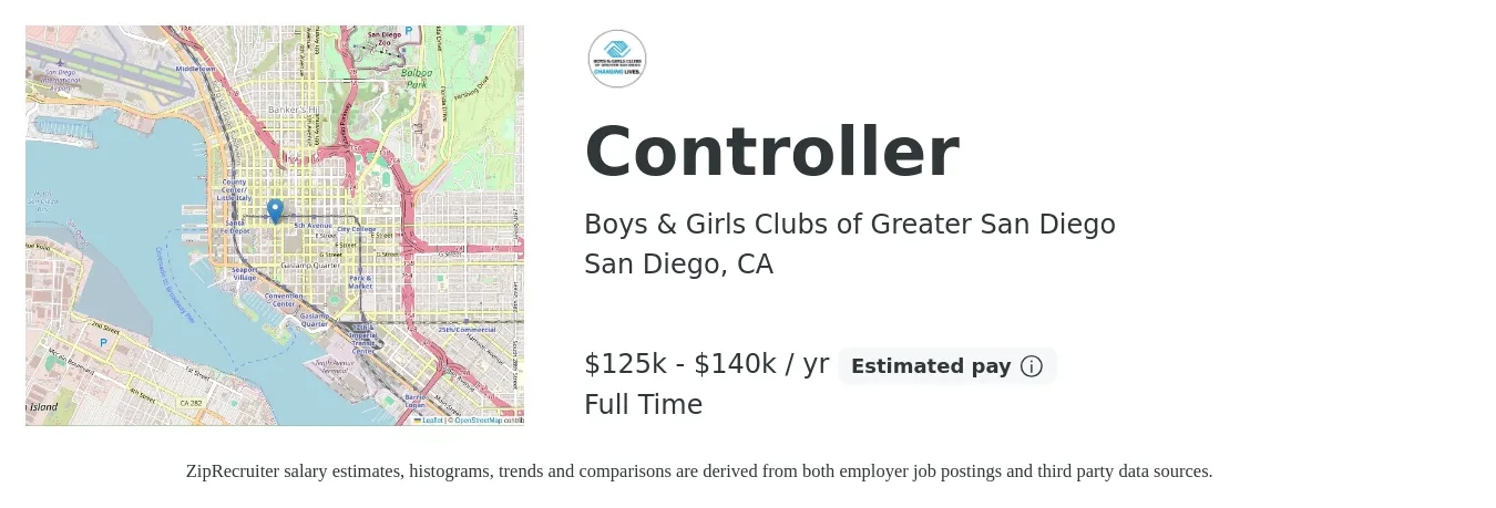 Boys & Girls Clubs of Greater San Diego job posting for a Controller in San Diego, CA with a salary of $120,000 to $125,000 Yearly with a map of San Diego location.