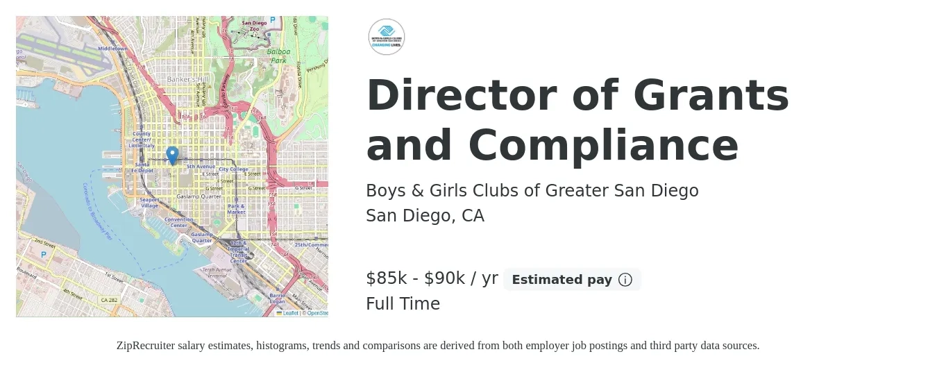 Boys & Girls Clubs of Greater San Diego job posting for a Director of Grants and Compliance in San Diego, CA with a salary of $85,000 to $90,000 Yearly with a map of San Diego location.