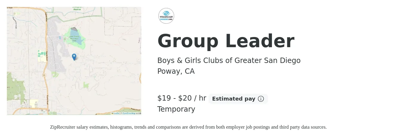 Boys & Girls Clubs of Greater San Diego job posting for a Group Leader in Poway, CA with a salary of $20 to $21 Hourly with a map of Poway location.