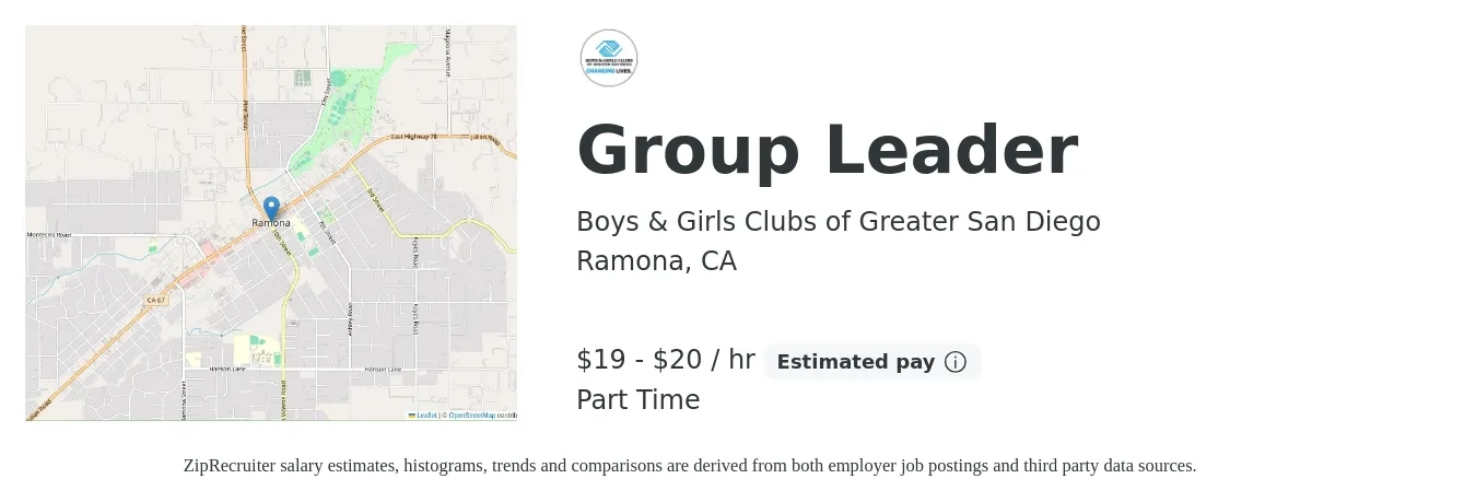 Boys & Girls Clubs of Greater San Diego job posting for a Group Leader in Ramona, CA with a salary of $20 to $21 Hourly with a map of Ramona location.