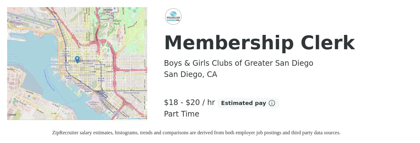 Boys & Girls Clubs of Greater San Diego job posting for a Membership Clerk in San Diego, CA with a salary of $20 to $21 Hourly with a map of San Diego location.