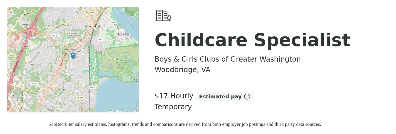 Boys & Girls Clubs of Greater Washington job posting for a Childcare Specialist in Woodbridge, VA with a salary of $18 Hourly with a map of Woodbridge location.