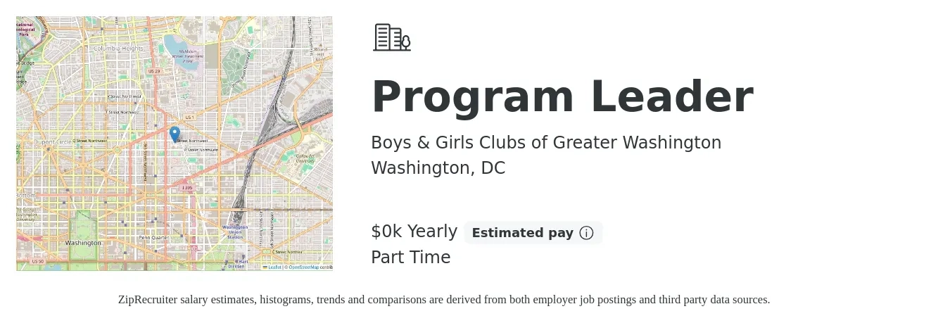 Boys & Girls Clubs of Greater Washington job posting for a Program Leader in Washington, DC with a salary of $17 Hourly with a map of Washington location.