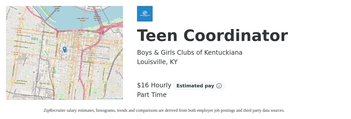 Boys & Girls Clubs of Kentuckiana job posting for a Teen Coordinator in Louisville, KY with a salary of $17 Hourly with a map of Louisville location.