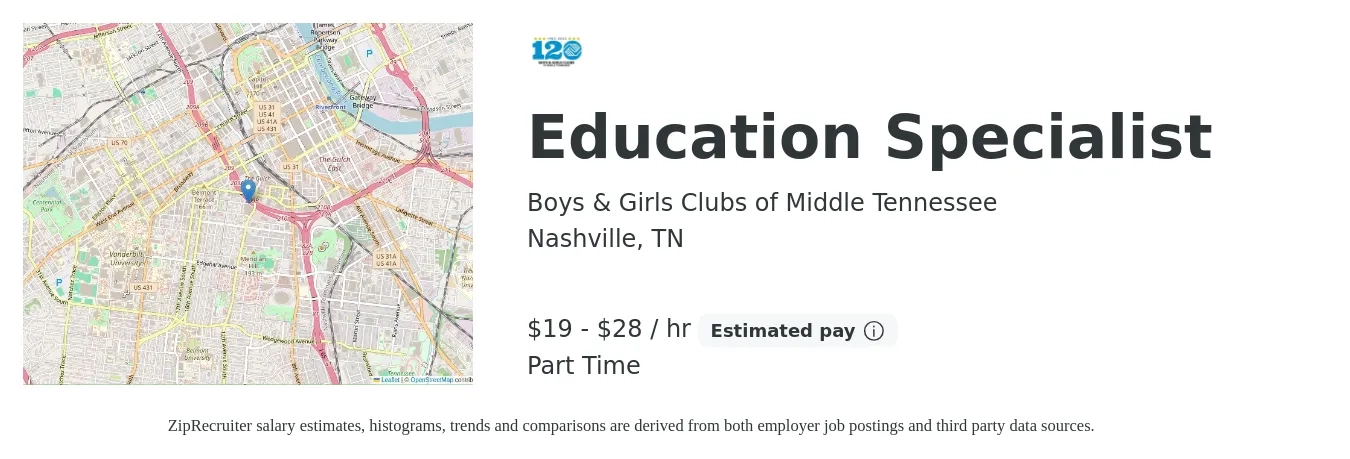 Boys & Girls Clubs of Middle Tennessee job posting for a Education Specialist in Nashville, TN with a salary of $20 to $30 Hourly with a map of Nashville location.