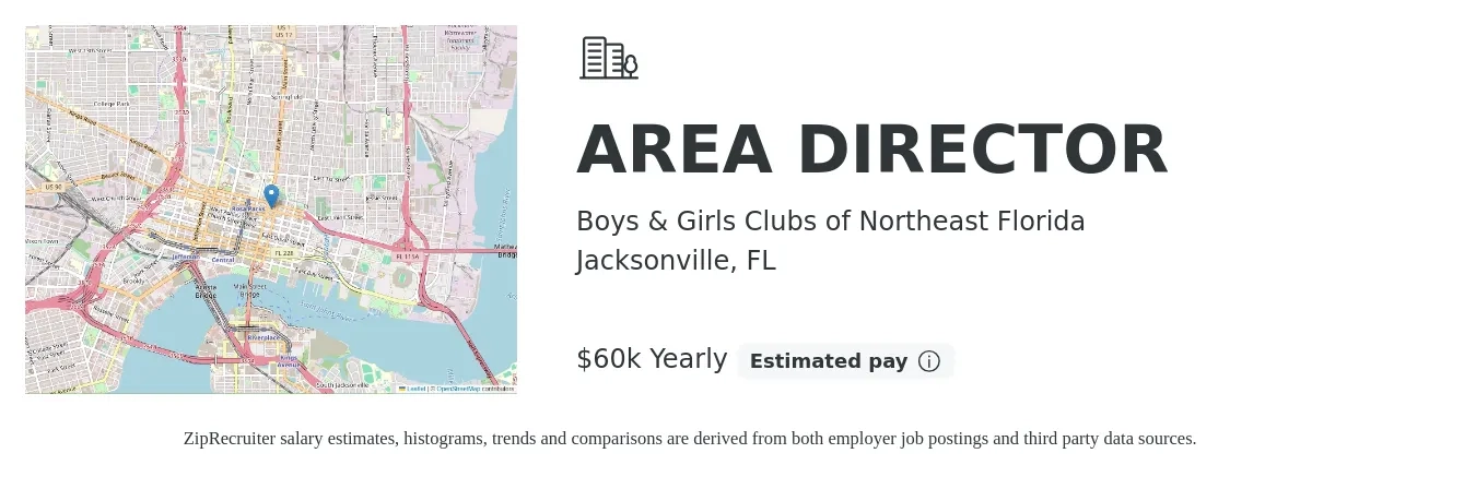 Boys & Girls Clubs of Northeast Florida job posting for a AREA DIRECTOR in Jacksonville, FL with a salary of $60,000 Yearly with a map of Jacksonville location.