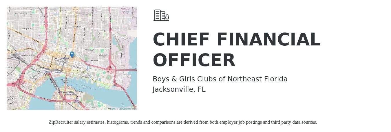 Boys & Girls Clubs of Northeast Florida job posting for a CHIEF FINANCIAL OFFICER in Jacksonville, FL with a salary of $130,800 to $371,000 Yearly with a map of Jacksonville location.