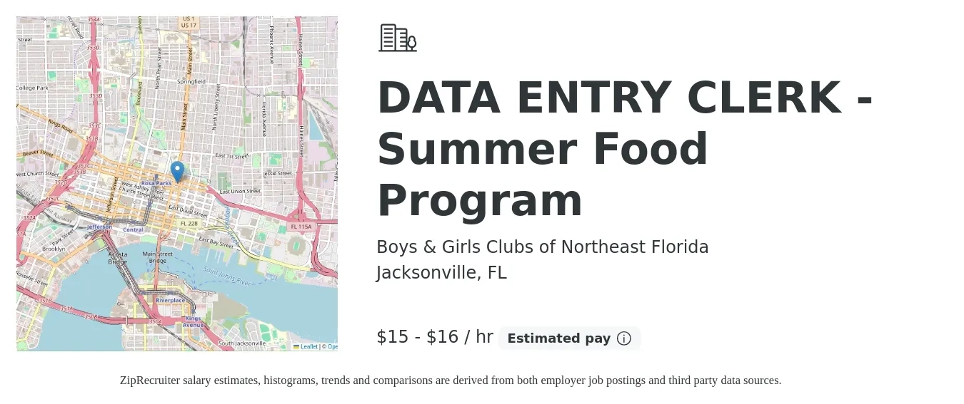 Boys & Girls Clubs of Northeast Florida job posting for a DATA ENTRY CLERK - Summer Food Program in Jacksonville, FL with a salary of $16 to $17 Hourly with a map of Jacksonville location.