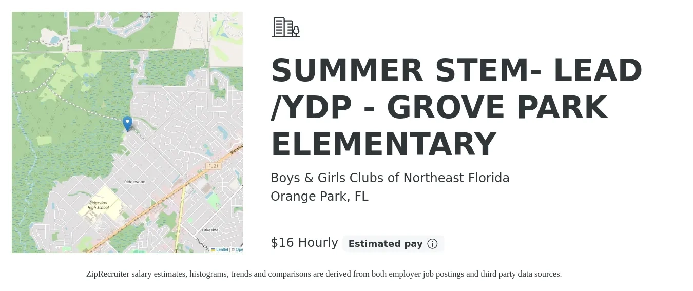 Boys & Girls Clubs of Northeast Florida job posting for a SUMMER STEM- LEAD /YDP - GROVE PARK ELEMENTARY in Orange Park, FL with a salary of $17 Hourly with a map of Orange Park location.