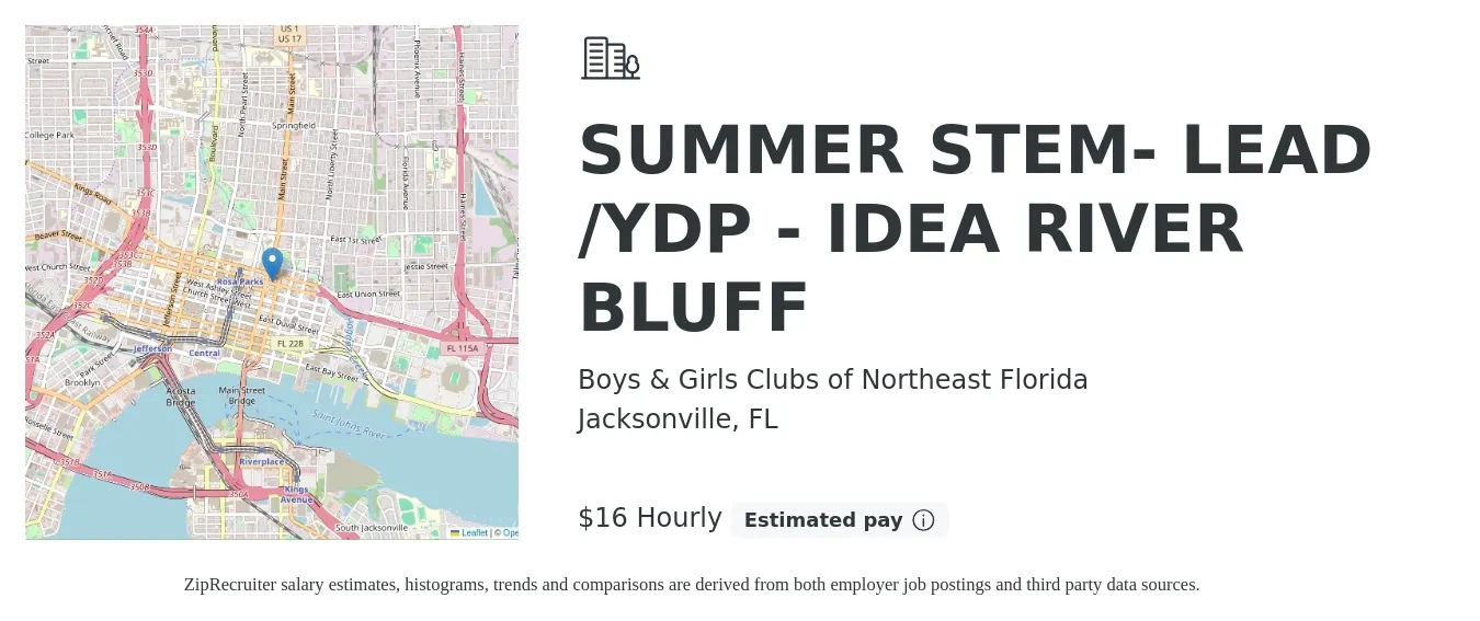 Boys & Girls Clubs of Northeast Florida job posting for a SUMMER STEM- LEAD /YDP - IDEA RIVER BLUFF in Jacksonville, FL with a salary of $17 Hourly with a map of Jacksonville location.