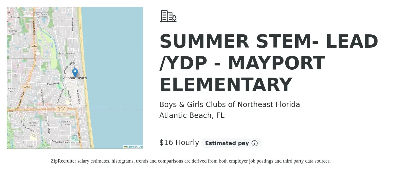 Boys & Girls Clubs of Northeast Florida job posting for a SUMMER STEM- LEAD /YDP - MAYPORT ELEMENTARY in Atlantic Beach, FL with a salary of $17 Hourly with a map of Atlantic Beach location.