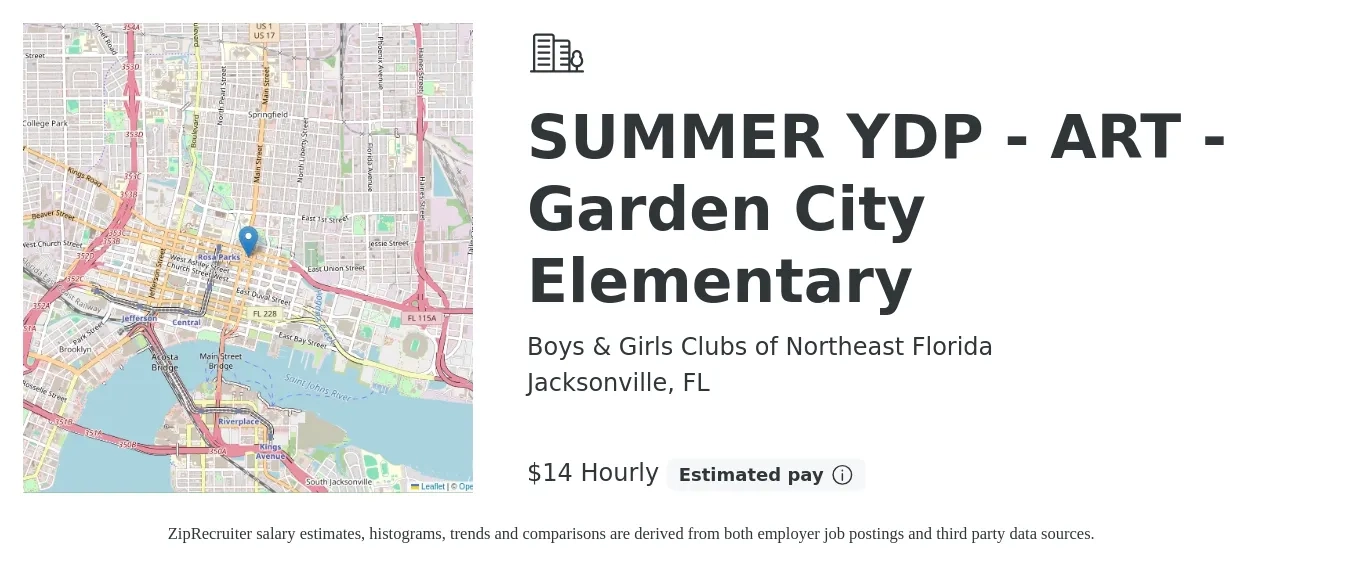 Boys & Girls Clubs of Northeast Florida job posting for a SUMMER YDP - ART - Garden City Elementary in Jacksonville, FL with a salary of $15 Hourly with a map of Jacksonville location.