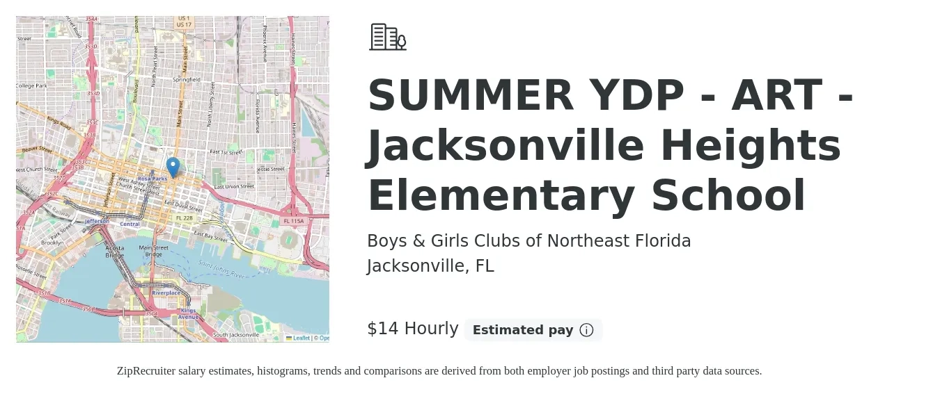 Boys & Girls Clubs of Northeast Florida job posting for a SUMMER YDP - ART - Jacksonville Heights Elementary School in Jacksonville, FL with a salary of $15 Hourly with a map of Jacksonville location.