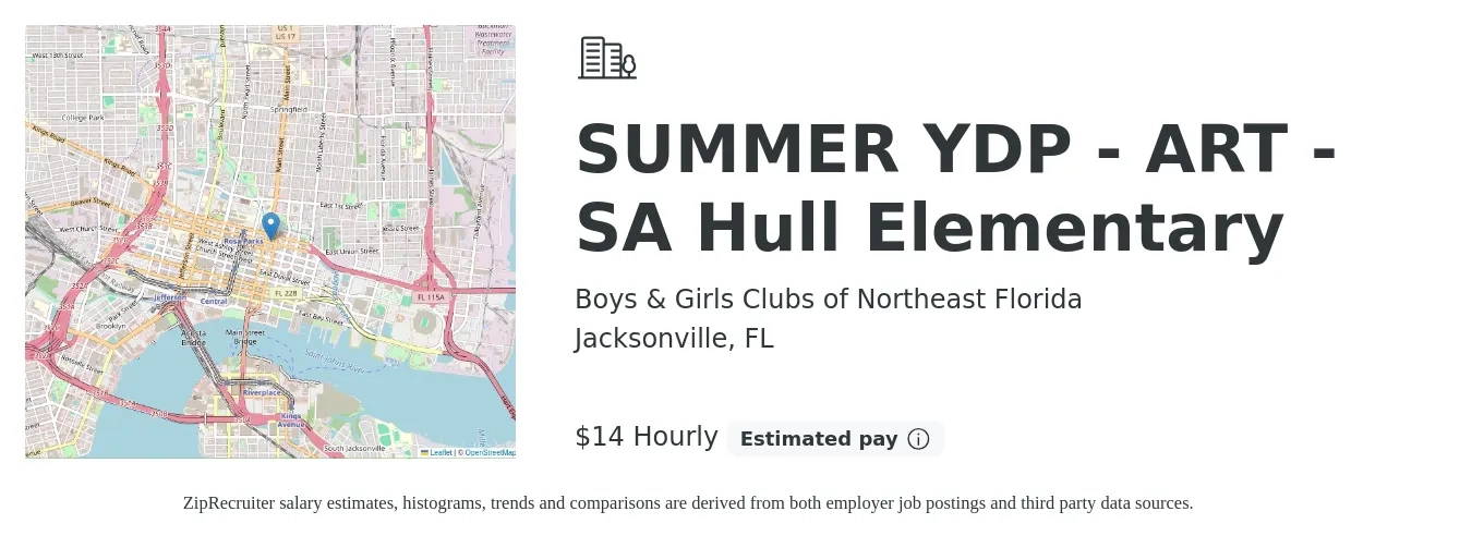 Boys & Girls Clubs of Northeast Florida job posting for a SUMMER YDP - ART - SA Hull Elementary in Jacksonville, FL with a salary of $15 Hourly with a map of Jacksonville location.