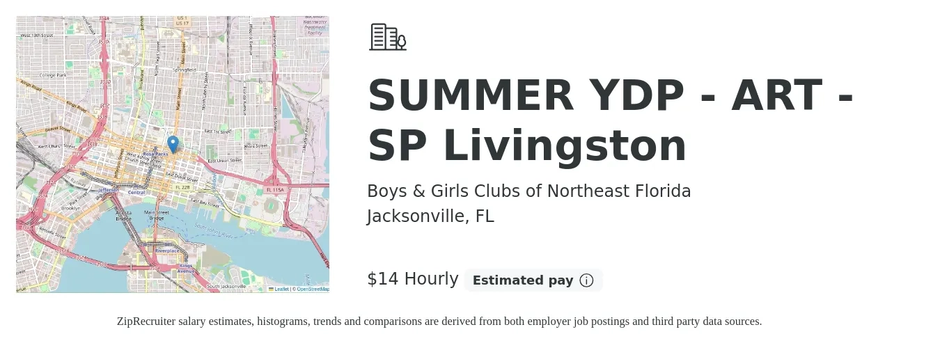 Boys & Girls Clubs of Northeast Florida job posting for a SUMMER YDP - ART - SP Livingston in Jacksonville, FL with a salary of $15 Hourly with a map of Jacksonville location.