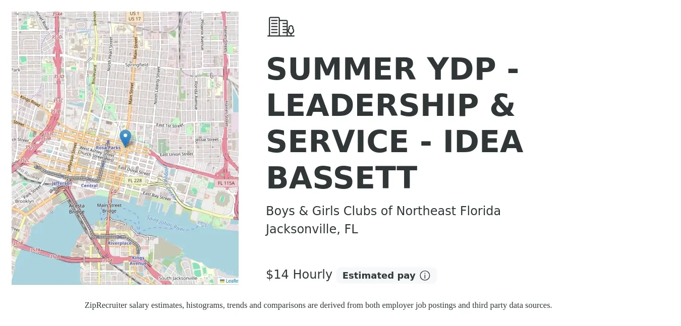 Boys & Girls Clubs of Northeast Florida job posting for a SUMMER YDP - LEADERSHIP & SERVICE - IDEA BASSETT in Jacksonville, FL with a salary of $15 Hourly with a map of Jacksonville location.