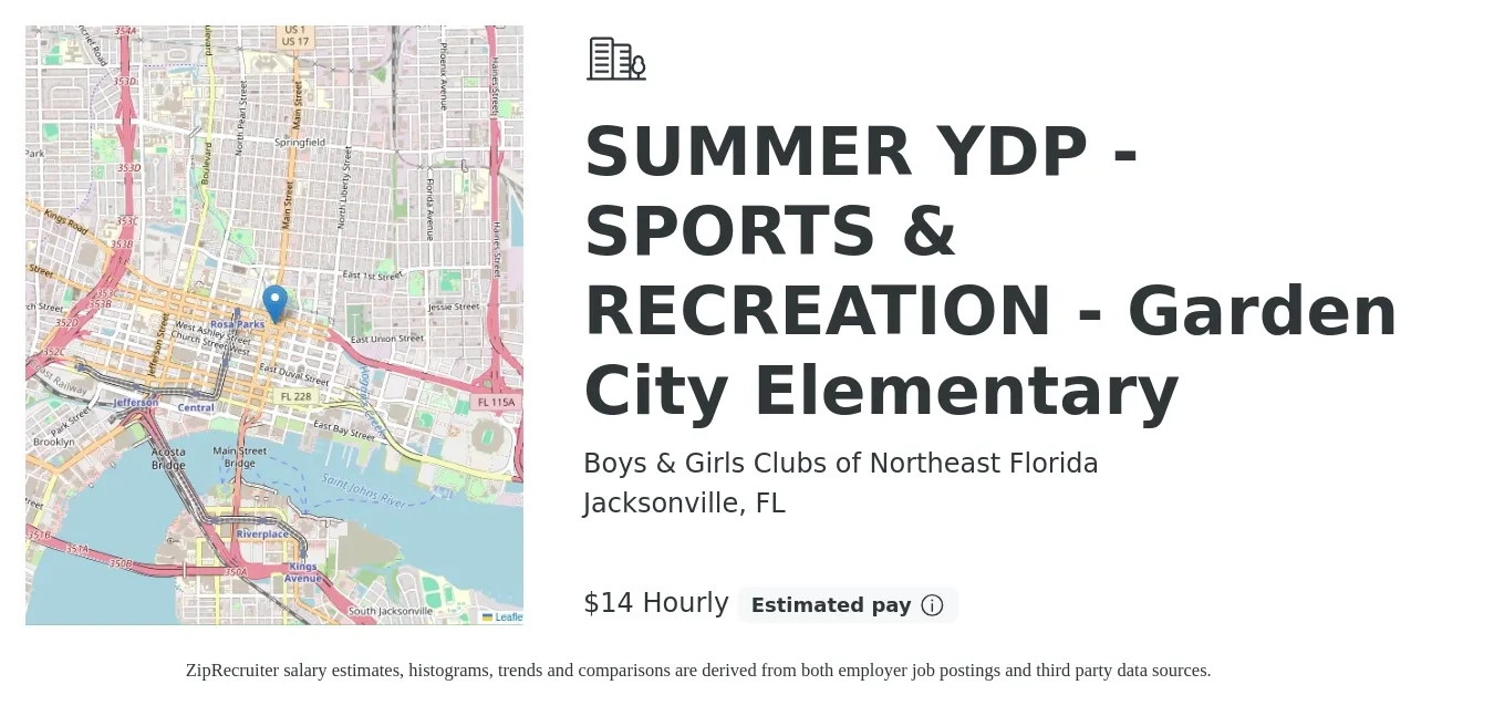 Boys & Girls Clubs of Northeast Florida job posting for a SUMMER YDP - SPORTS & RECREATION - Garden City Elementary in Jacksonville, FL with a salary of $15 Hourly with a map of Jacksonville location.