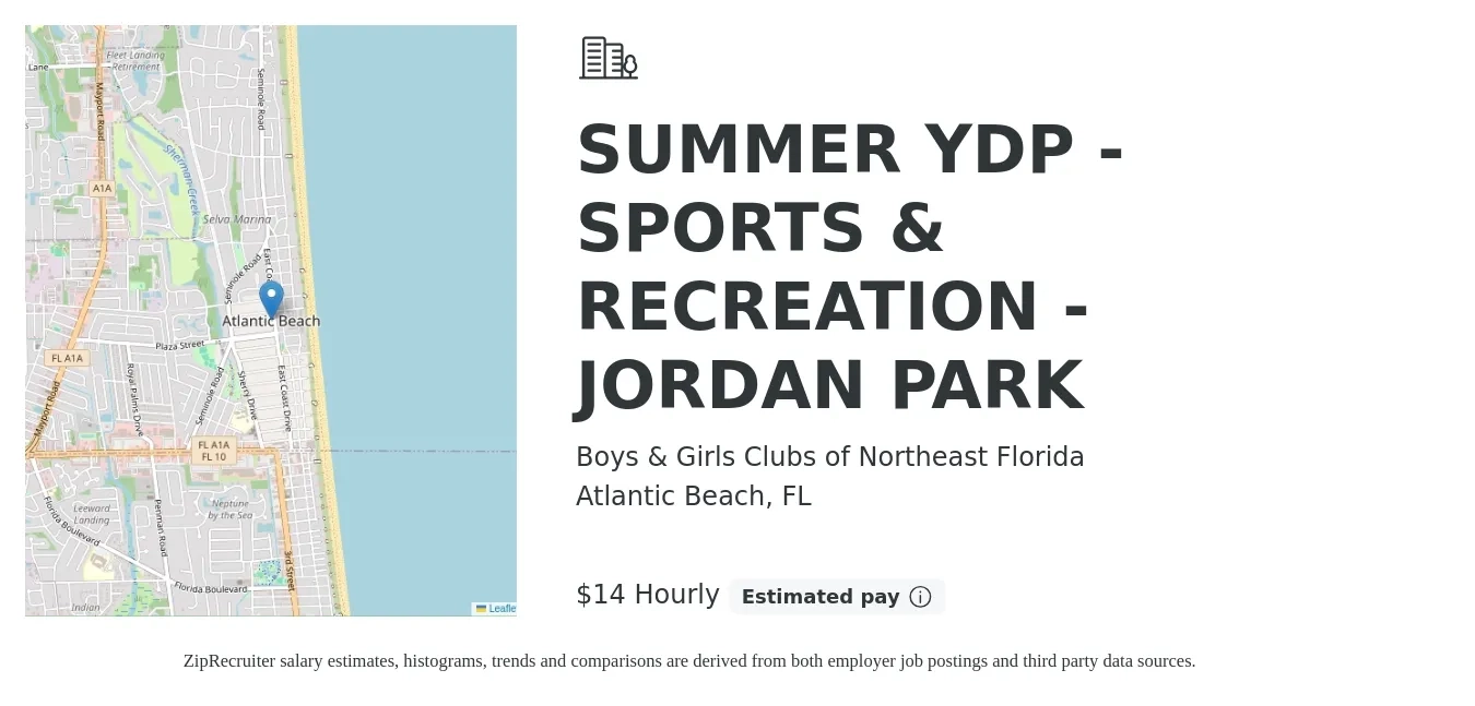 Boys & Girls Clubs of Northeast Florida job posting for a SUMMER YDP - SPORTS & RECREATION - JORDAN PARK in Atlantic Beach, FL with a salary of $15 Hourly with a map of Atlantic Beach location.