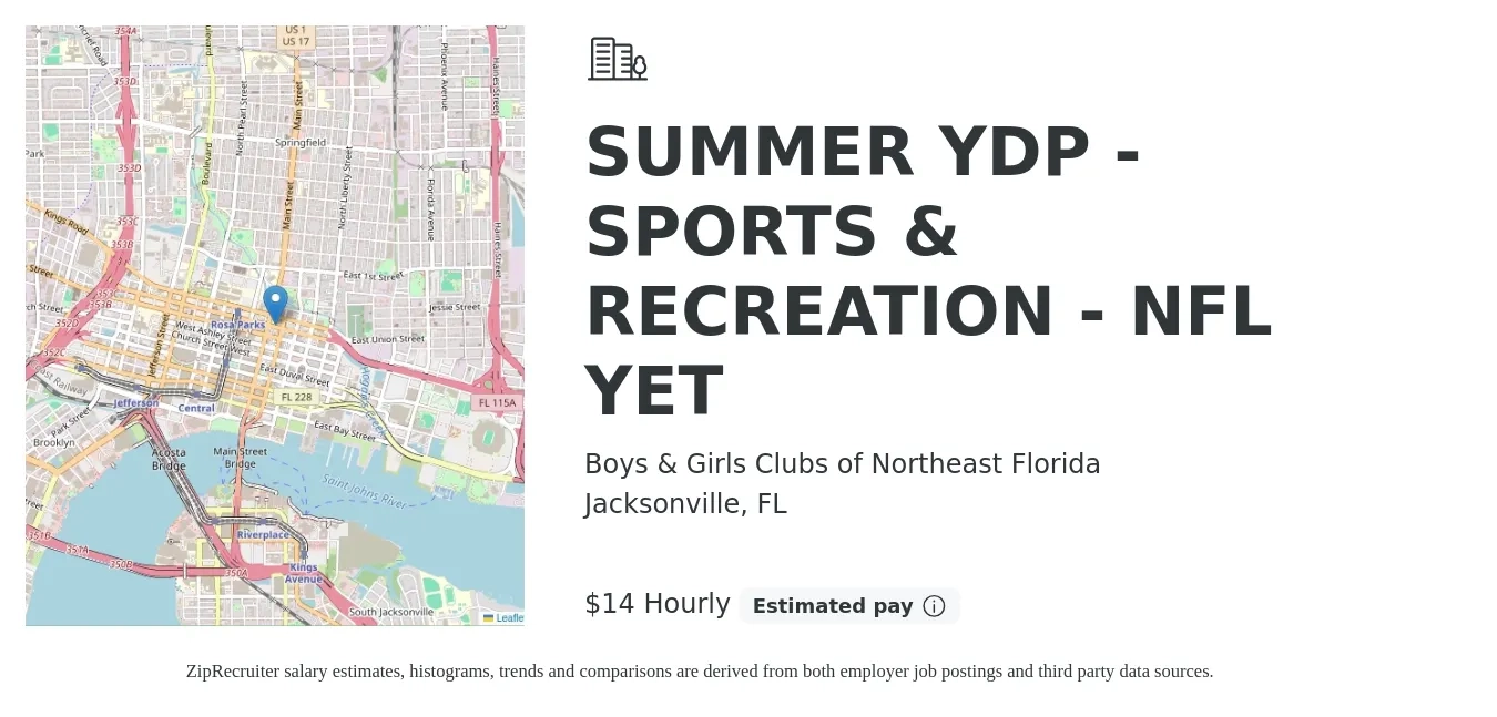 Boys & Girls Clubs of Northeast Florida job posting for a SUMMER YDP - SPORTS & RECREATION - NFL YET in Jacksonville, FL with a salary of $15 Hourly with a map of Jacksonville location.