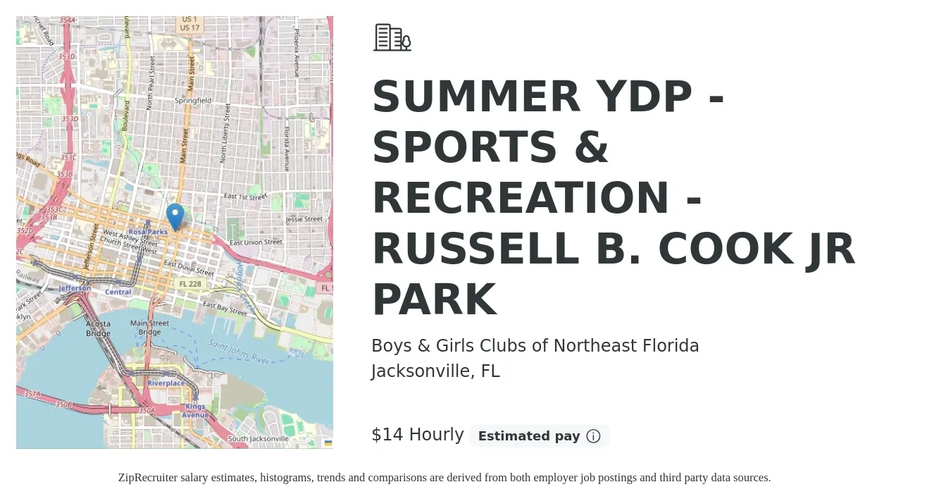 Boys & Girls Clubs of Northeast Florida job posting for a SUMMER YDP - SPORTS & RECREATION - RUSSELL B. COOK JR PARK in Jacksonville, FL with a salary of $15 Hourly with a map of Jacksonville location.