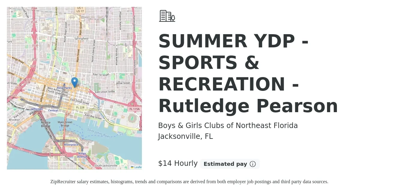 Boys & Girls Clubs of Northeast Florida job posting for a SUMMER YDP - SPORTS & RECREATION - Rutledge Pearson in Jacksonville, FL with a salary of $15 Hourly with a map of Jacksonville location.