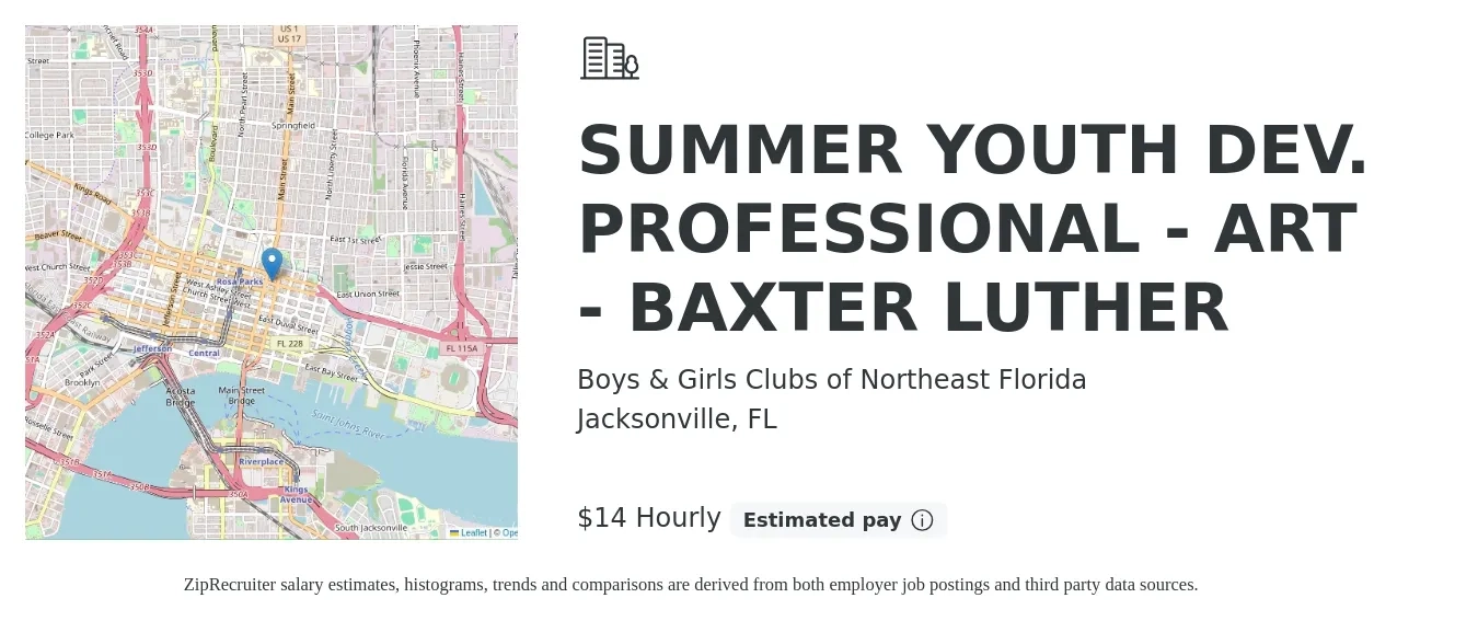 Boys & Girls Clubs of Northeast Florida job posting for a SUMMER YOUTH DEV. PROFESSIONAL - ART - BAXTER LUTHER in Jacksonville, FL with a salary of $15 Hourly with a map of Jacksonville location.