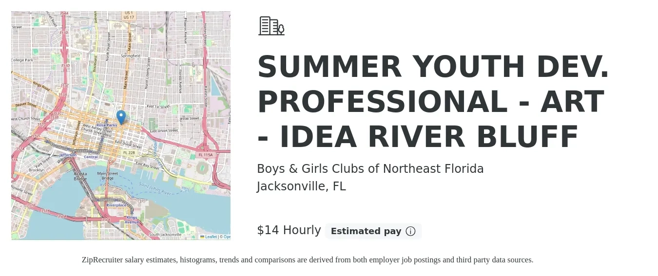Boys & Girls Clubs of Northeast Florida job posting for a SUMMER YOUTH DEV. PROFESSIONAL - ART - IDEA RIVER BLUFF in Jacksonville, FL with a salary of $15 Hourly with a map of Jacksonville location.