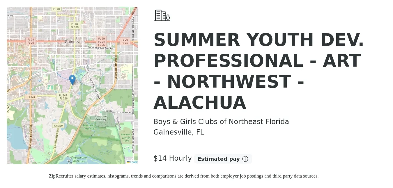 Boys & Girls Clubs of Northeast Florida job posting for a SUMMER YOUTH DEV. PROFESSIONAL - ART - NORTHWEST - ALACHUA in Gainesville, FL with a salary of $15 Hourly with a map of Gainesville location.