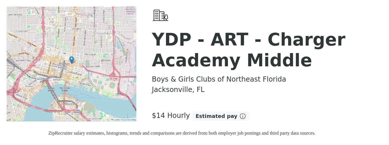 Boys & Girls Clubs of Northeast Florida job posting for a YDP - ART - Charger Academy Middle in Jacksonville, FL with a salary of $15 Hourly with a map of Jacksonville location.
