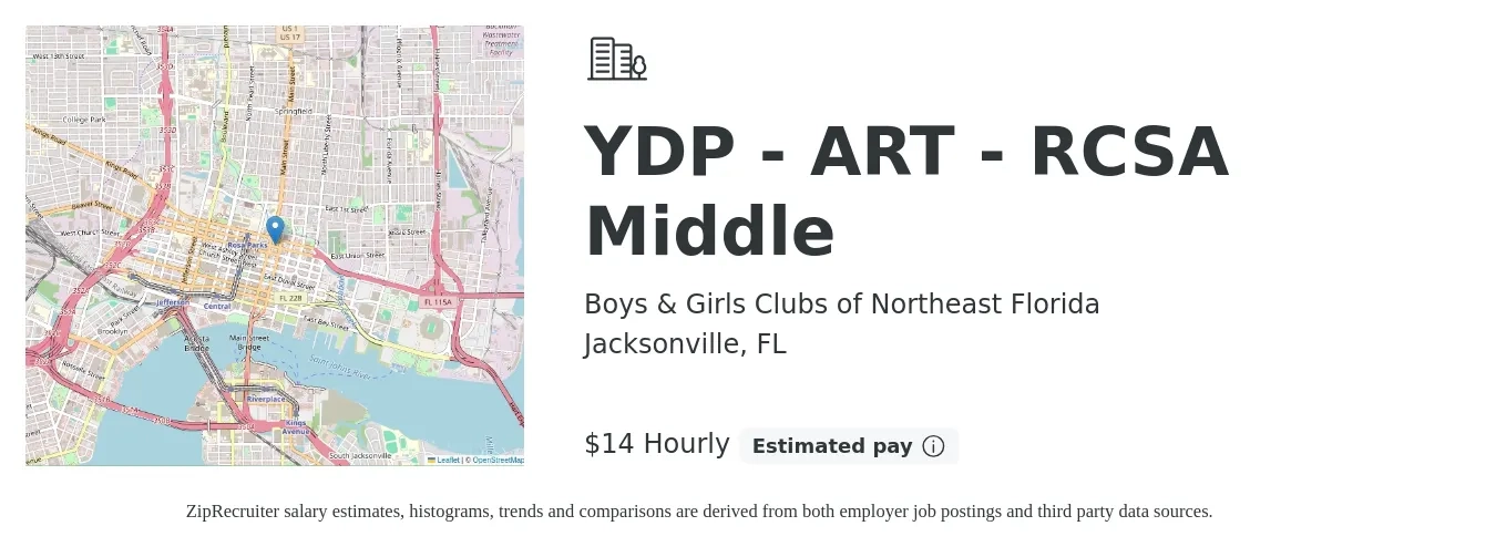 Boys & Girls Clubs of Northeast Florida job posting for a YDP - ART - RCSA Middle in Jacksonville, FL with a salary of $15 Hourly with a map of Jacksonville location.