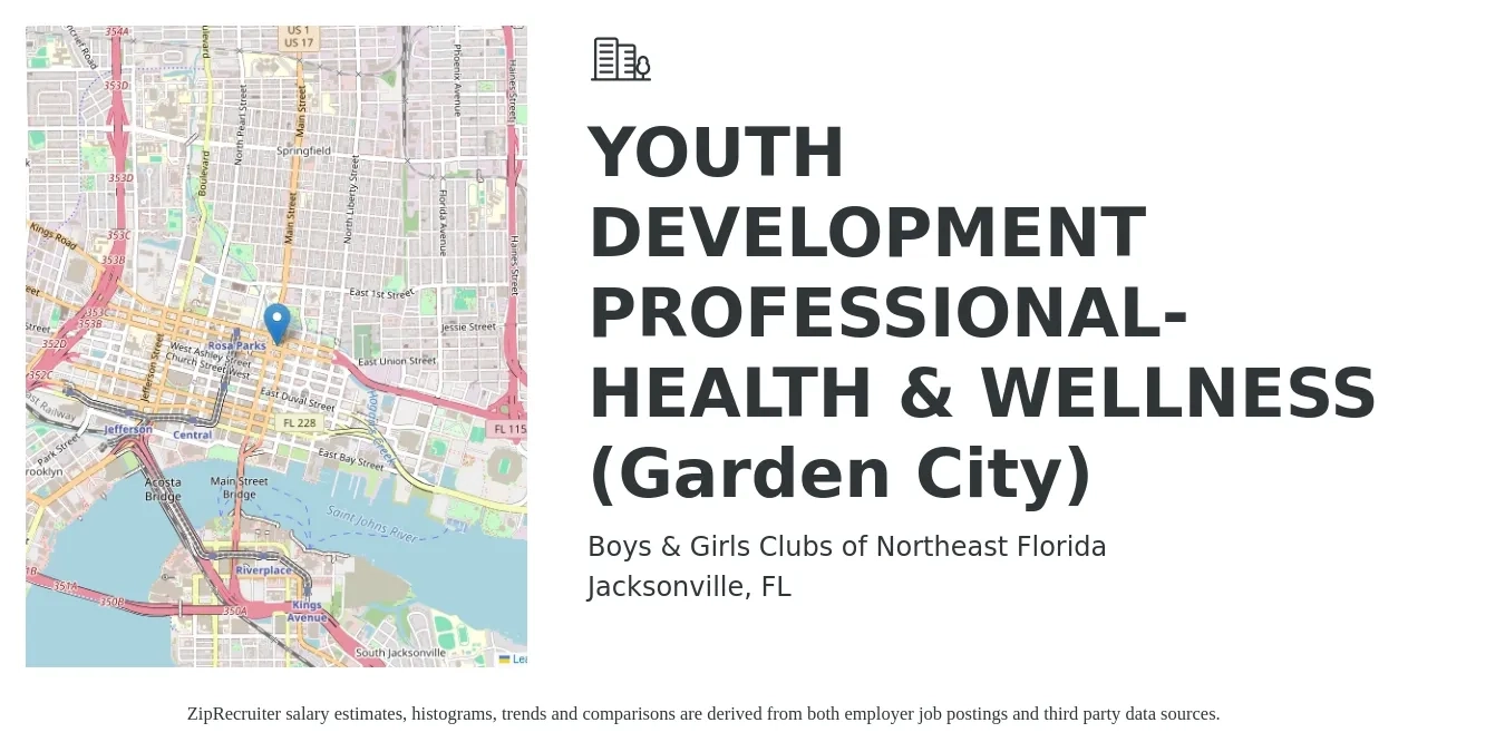 Boys & Girls Clubs of Northeast Florida job posting for a YOUTH DEVELOPMENT PROFESSIONAL-HEALTH & WELLNESS (Garden City) in Jacksonville, FL with a salary of $13 to $18 Hourly with a map of Jacksonville location.