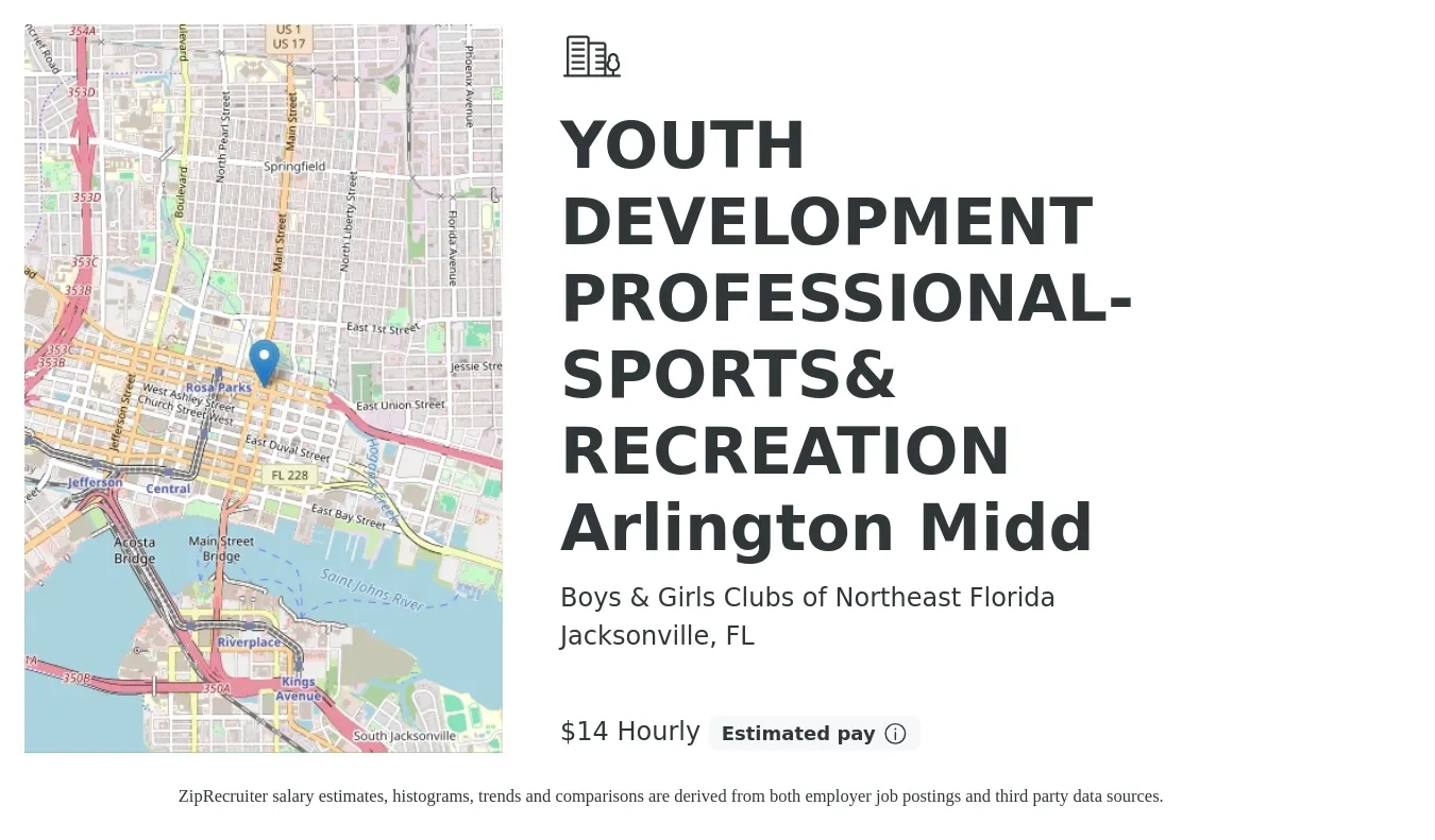 Boys & Girls Clubs of Northeast Florida job posting for a YOUTH DEVELOPMENT PROFESSIONAL-SPORTS& RECREATION Arlington Midd in Jacksonville, FL with a salary of $15 Hourly with a map of Jacksonville location.