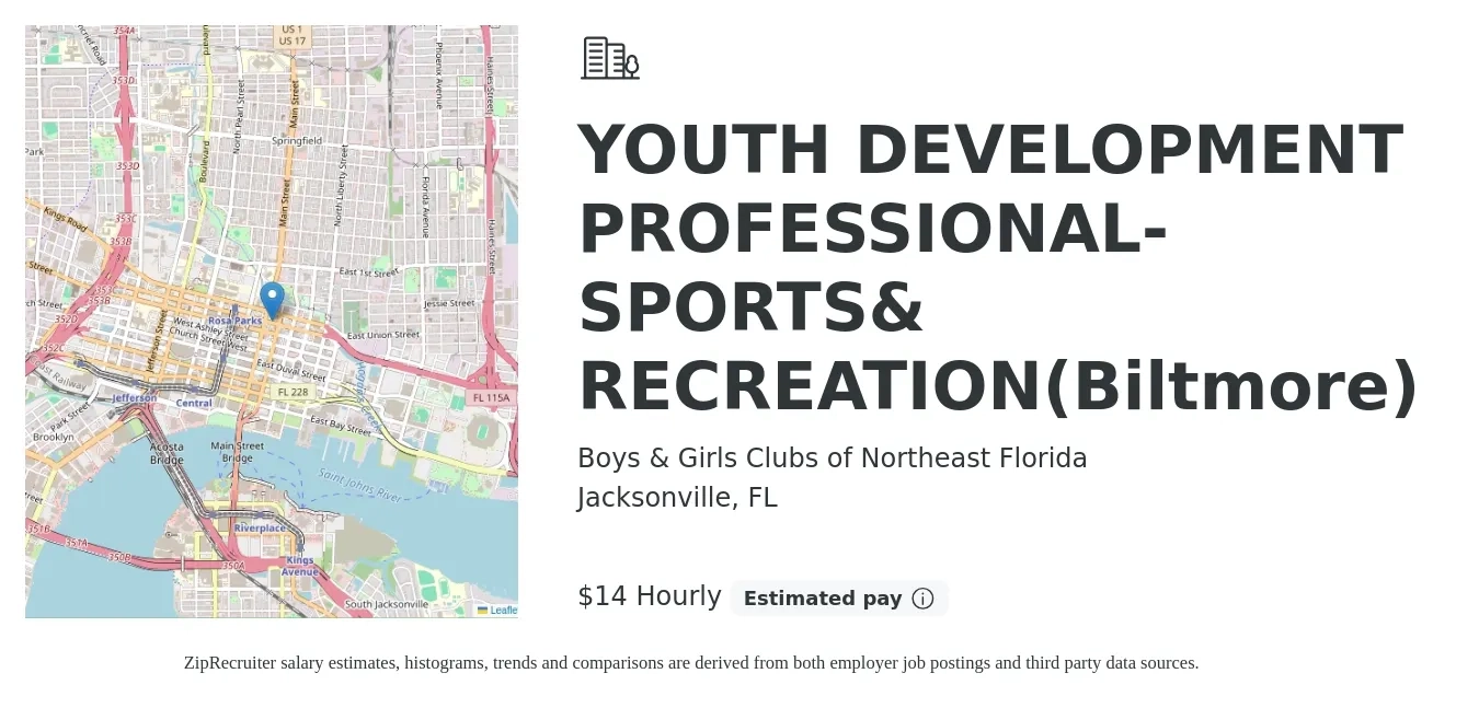 Boys & Girls Clubs of Northeast Florida job posting for a YOUTH DEVELOPMENT PROFESSIONAL-SPORTS& RECREATION(Biltmore) in Jacksonville, FL with a salary of $15 Hourly with a map of Jacksonville location.