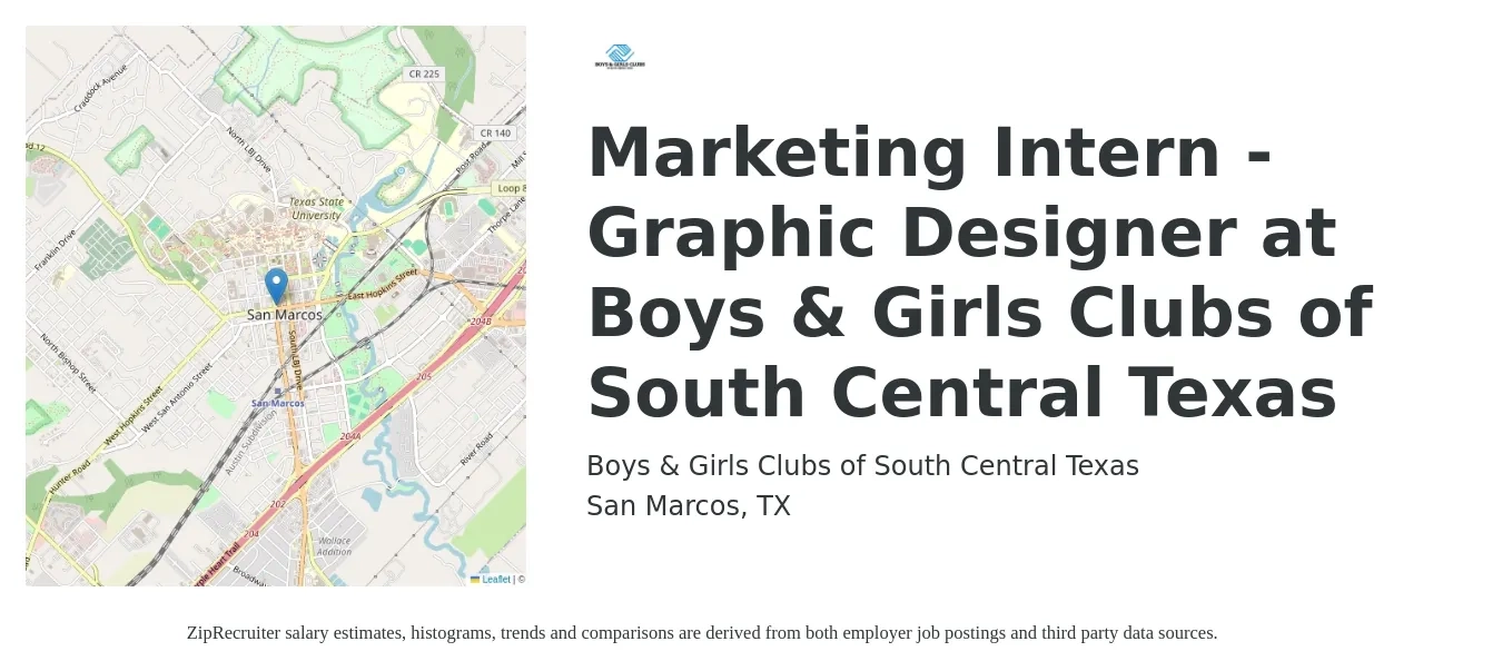 Boys & Girls Clubs of South Central Texas job posting for a Marketing Intern - Graphic Designer at Boys & Girls Clubs of South Central Texas in San Marcos, TX with a salary of $14 to $18 Hourly with a map of San Marcos location.