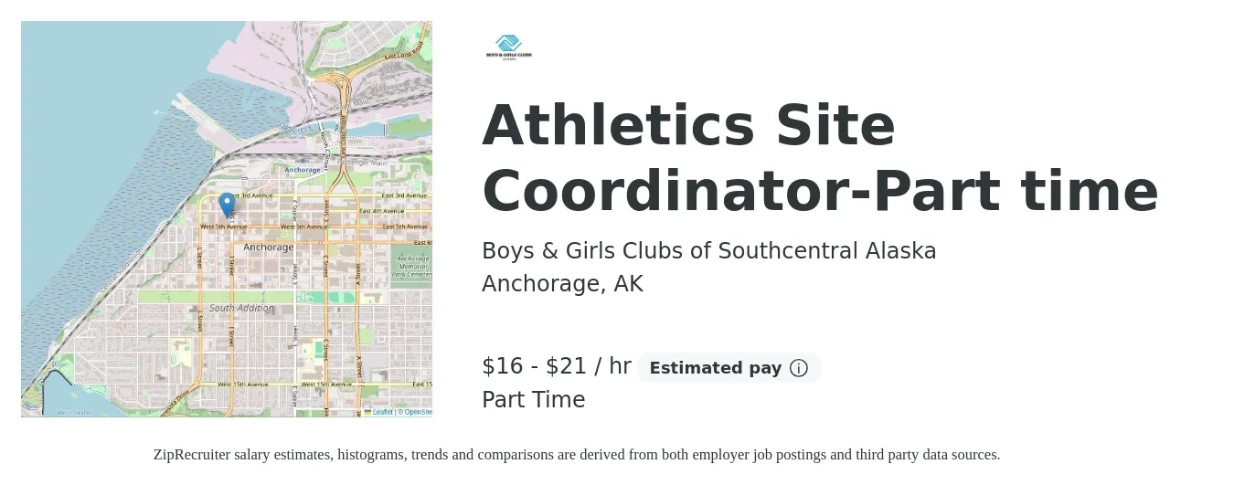 Boys & Girls Clubs of Southcentral Alaska job posting for a Athletics Site Coordinator-Part time in Anchorage, AK with a salary of $17 to $22 Hourly with a map of Anchorage location.
