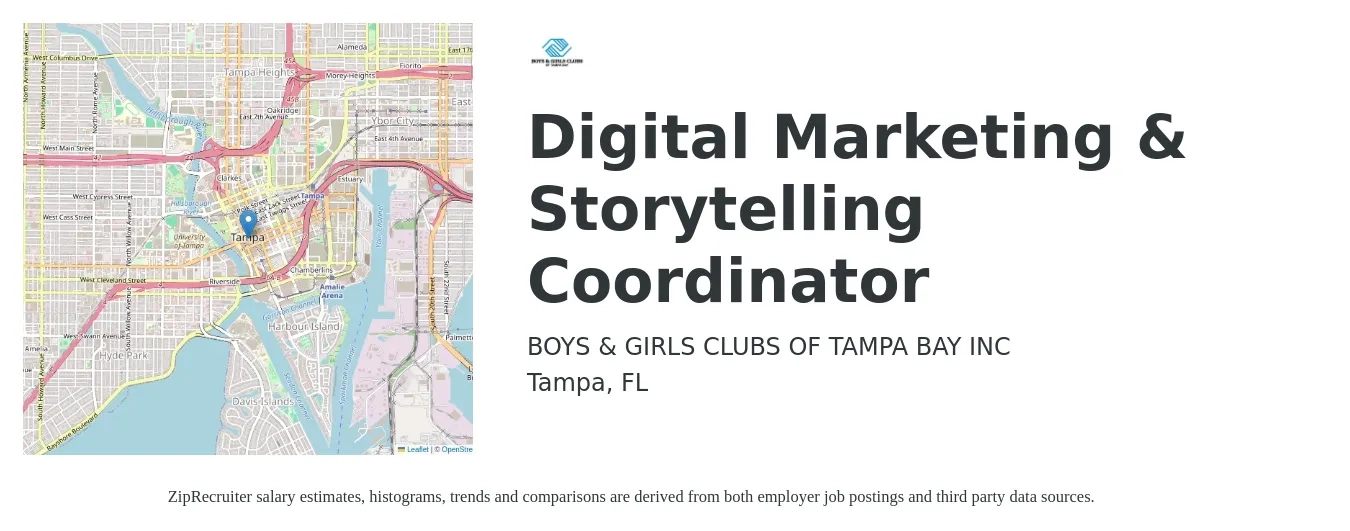 BOYS & GIRLS CLUBS OF TAMPA BAY INC job posting for a Digital Marketing & Storytelling Coordinator in Tampa, FL with a salary of $42,100 to $55,300 Yearly with a map of Tampa location.
