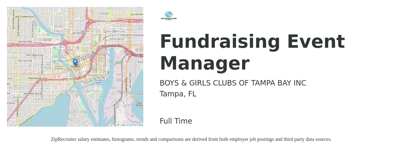 BOYS & GIRLS CLUBS OF TAMPA BAY INC job posting for a Fundraising Event Manager in Tampa, FL with a salary of $42,500 to $70,900 Yearly with a map of Tampa location.
