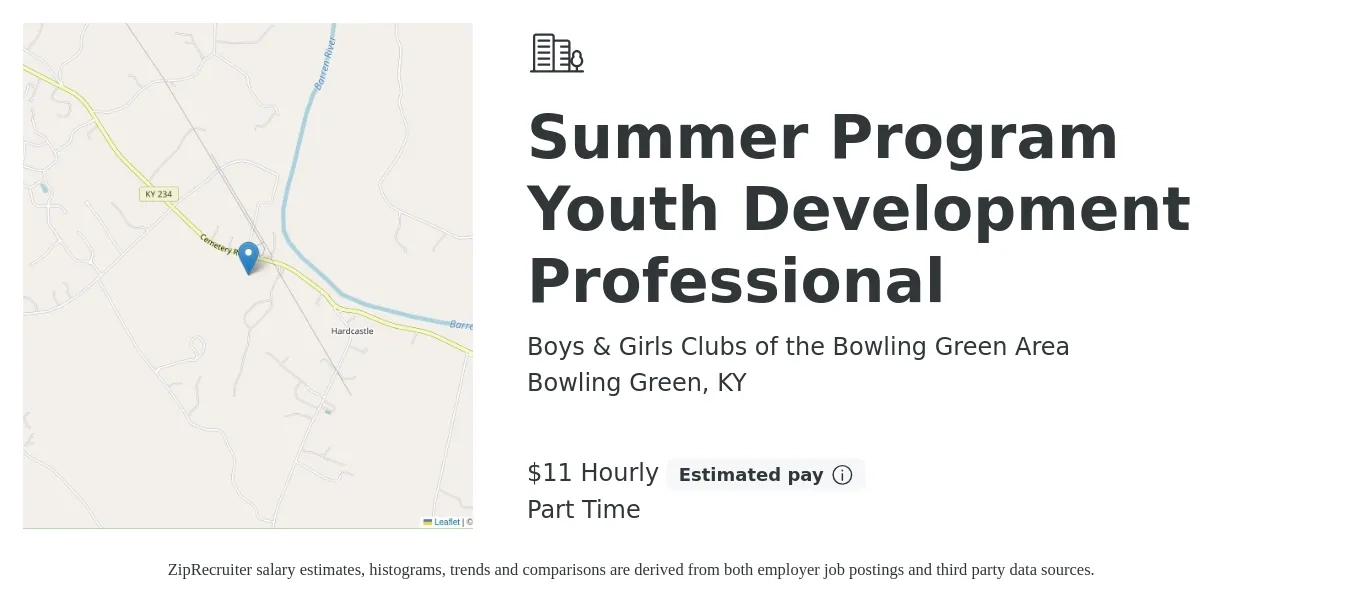 Boys & Girls Clubs of the Bowling Green Area job posting for a Summer Program Youth Development Professional in Bowling Green, KY with a salary of $12 Hourly with a map of Bowling Green location.