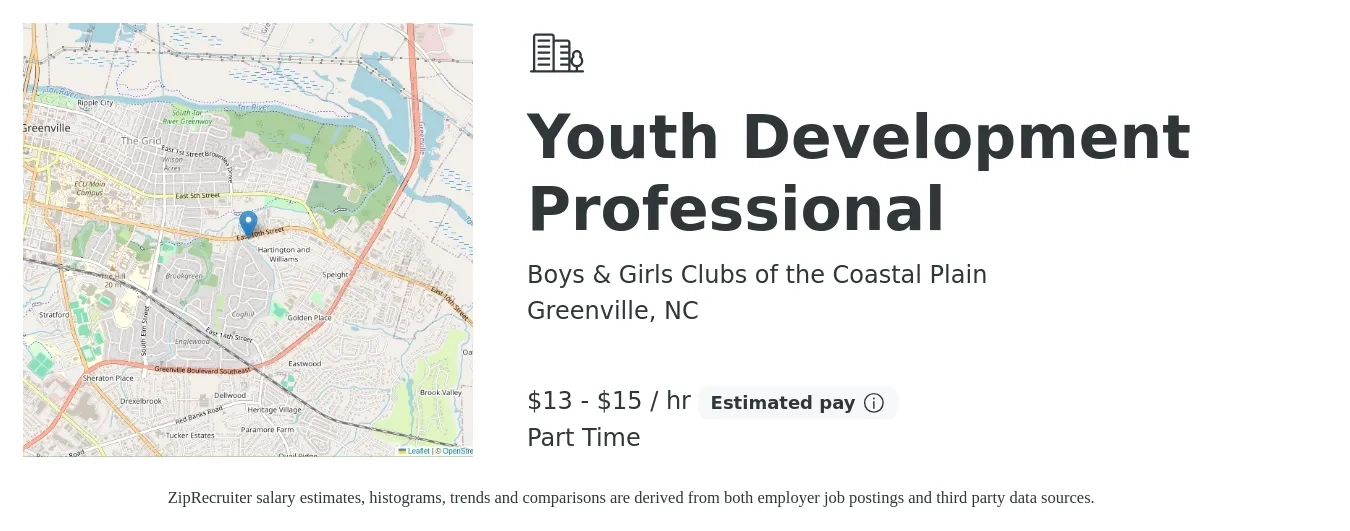 Boys & Girls Clubs of the Coastal Plain job posting for a Youth Development Professional in Greenville, NC with a salary of $14 to $16 Hourly with a map of Greenville location.