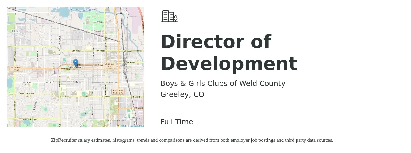 Boys & Girls Clubs of Weld County job posting for a Director of Development in Greeley, CO with a salary of $65,000 to $75,000 Yearly with a map of Greeley location.