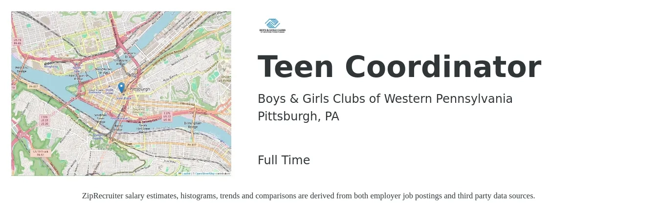 Boys & Girls Clubs of Western Pennsylvania job posting for a Teen Coordinator in Pittsburgh, PA with a salary of $38,000 Yearly with a map of Pittsburgh location.