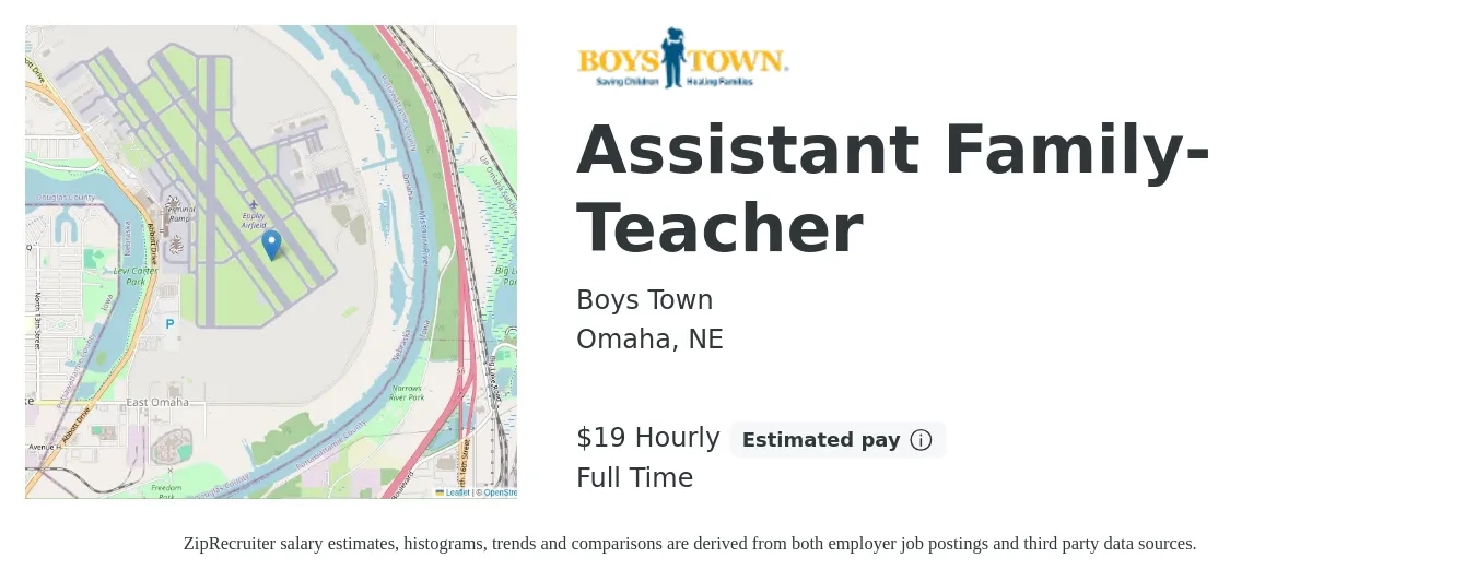 Boys Town job posting for a Assistant Family-Teacher in Omaha, NE with a salary of $20 Hourly with a map of Omaha location.